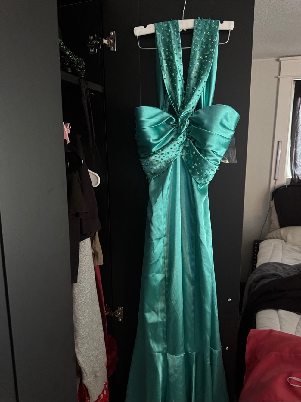 Emerald Green Evening Gown with Beaded Halter Bow